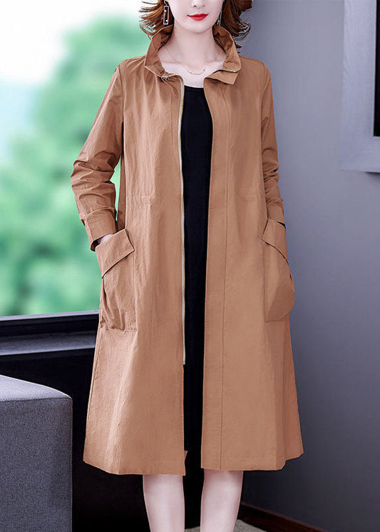 Khaki Silk Trench Drawstring Zippered Long Sleeve