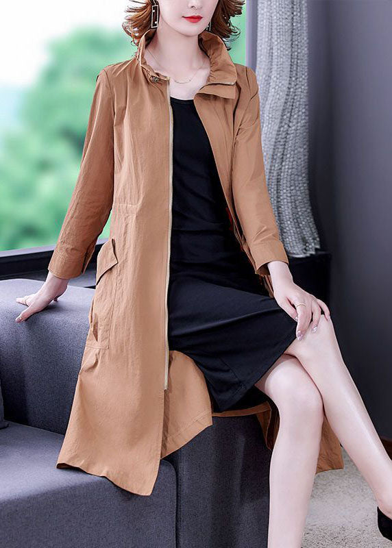 Khaki Silk Trench Drawstring Zippered Long Sleeve