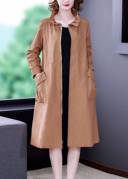 Khaki Silk Trench Drawstring Zippered Long Sleeve