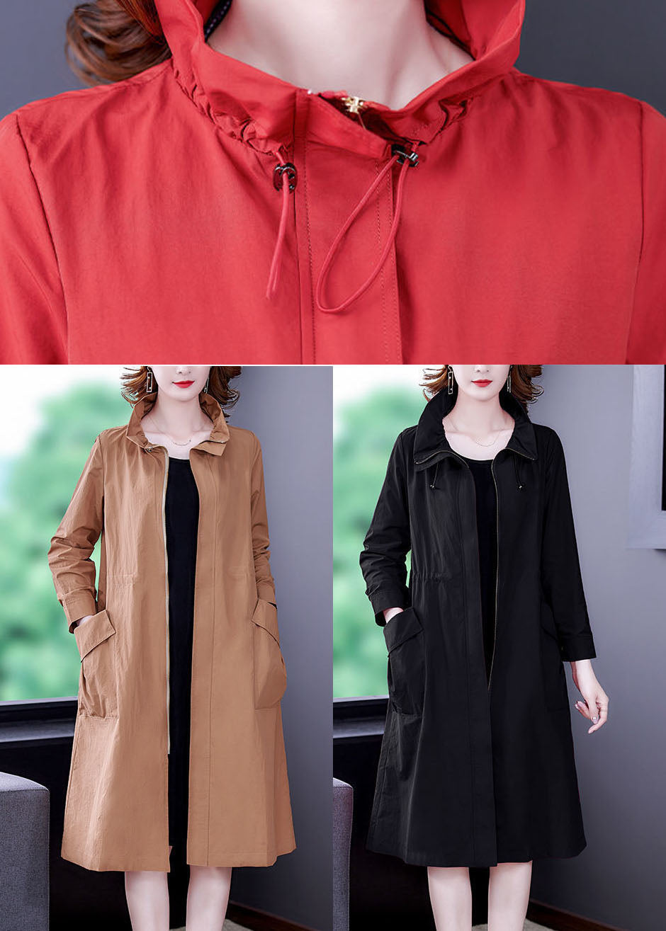 Khaki Silk Trench Drawstring Zippered Long Sleeve