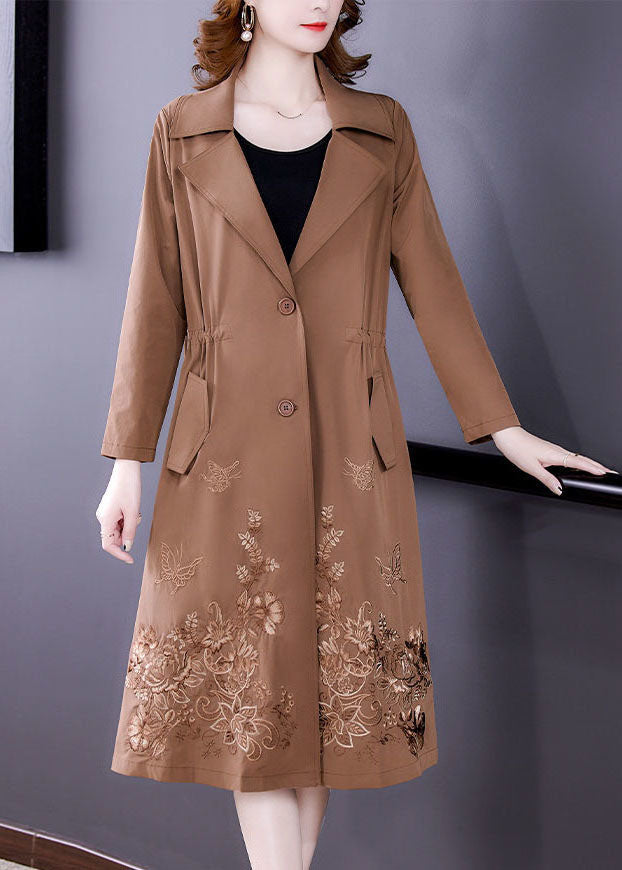 Khaki Spandex Cinch Trench Coat Notched Collar Fall