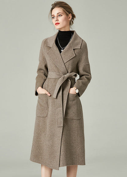 Khaki Woolen Warp Coats Peter Pan Collar Sashes Winter