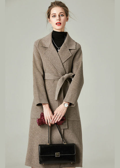 Khaki Woolen Warp Coats Peter Pan Collar Sashes Winter