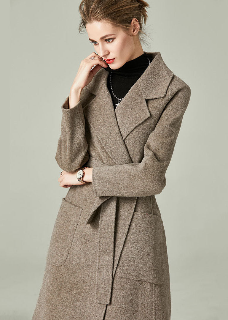Khaki Woolen Warp Coats Peter Pan Collar Sashes Winter