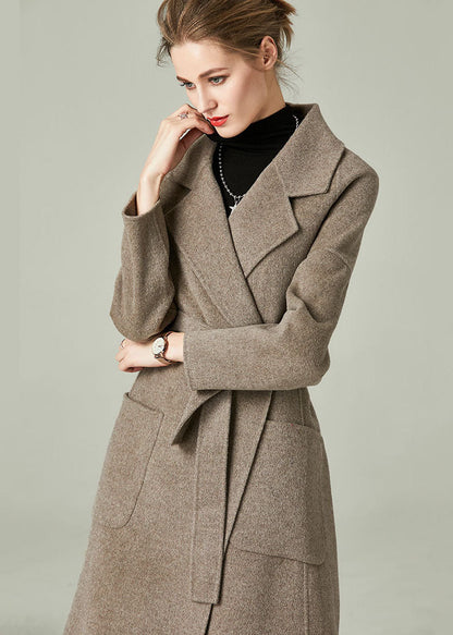 Khaki Woolen Warp Coats Peter Pan Collar Sashes Winter
