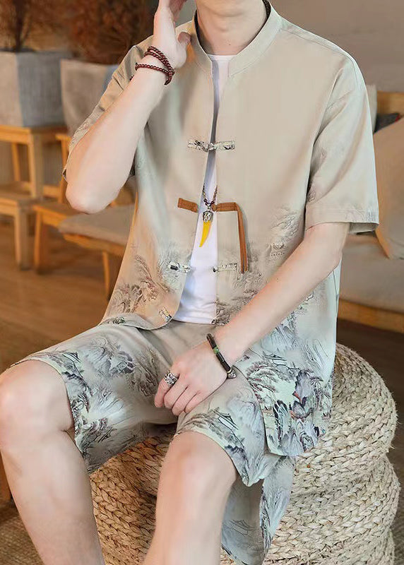 Khaki Stand Collar Shirt and Shorts Two Piece Set Short Sleeve