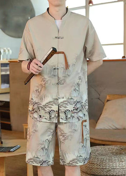 Khaki Stand Collar Shirt and Shorts Two Piece Set Short Sleeve