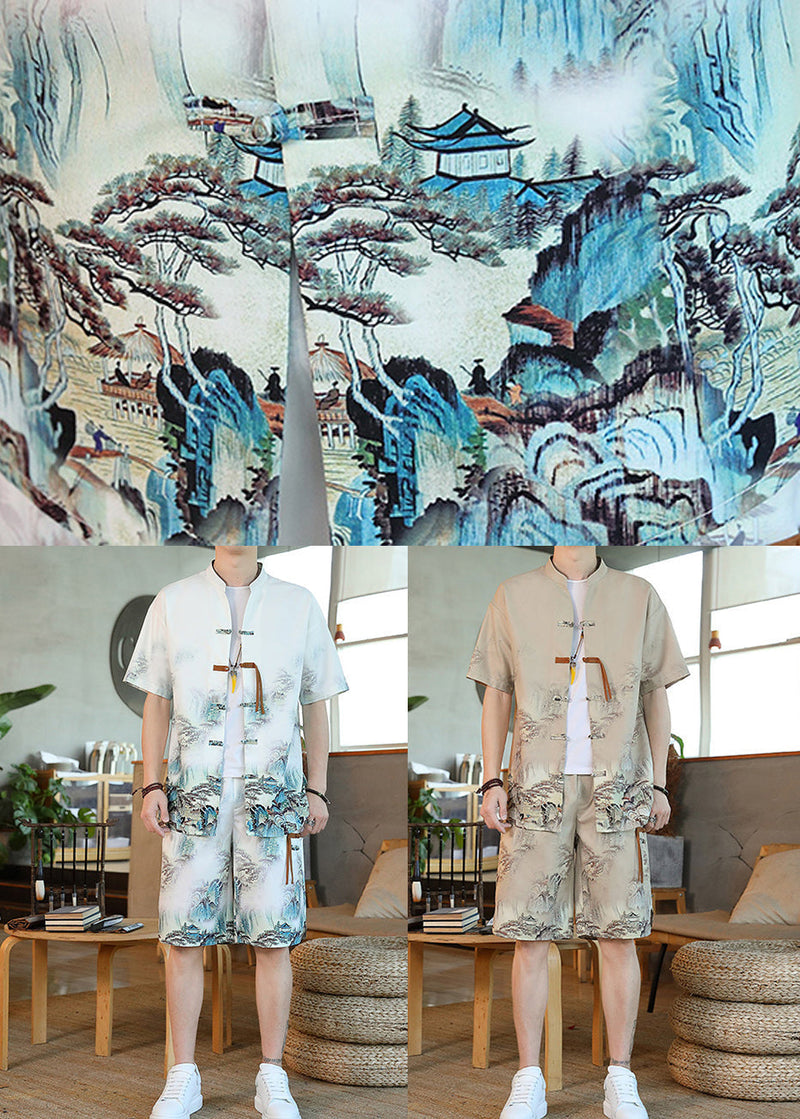 Khaki Stand Collar Shirt and Shorts Two Piece Set Short Sleeve