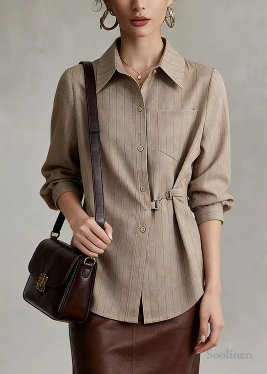 Khaki Striped Cotton Blouses Side Tie Waist Spring