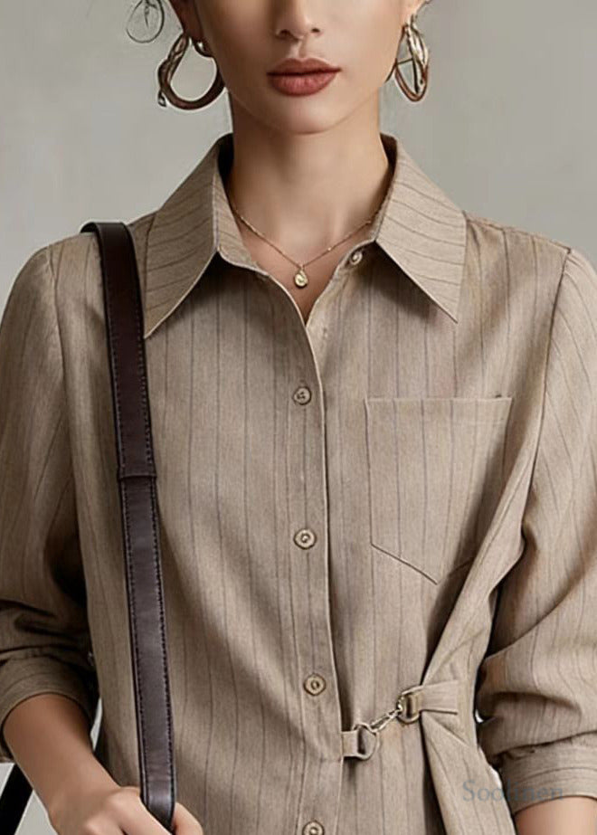 Khaki Striped Cotton Blouses Side Tie Waist Spring
