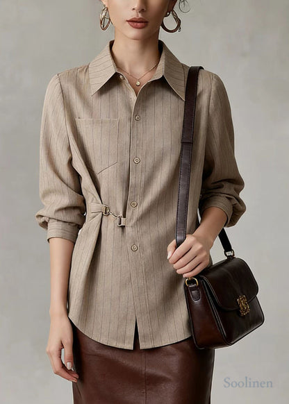 Khaki Striped Cotton Blouses Side Tie Waist Spring