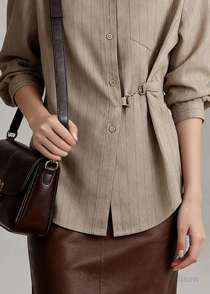 Khaki Striped Cotton Blouses Side Tie Waist Spring