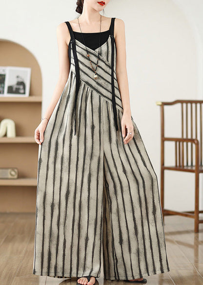 Khaki Striped Jumpsuit Wide Leg Pants Summer