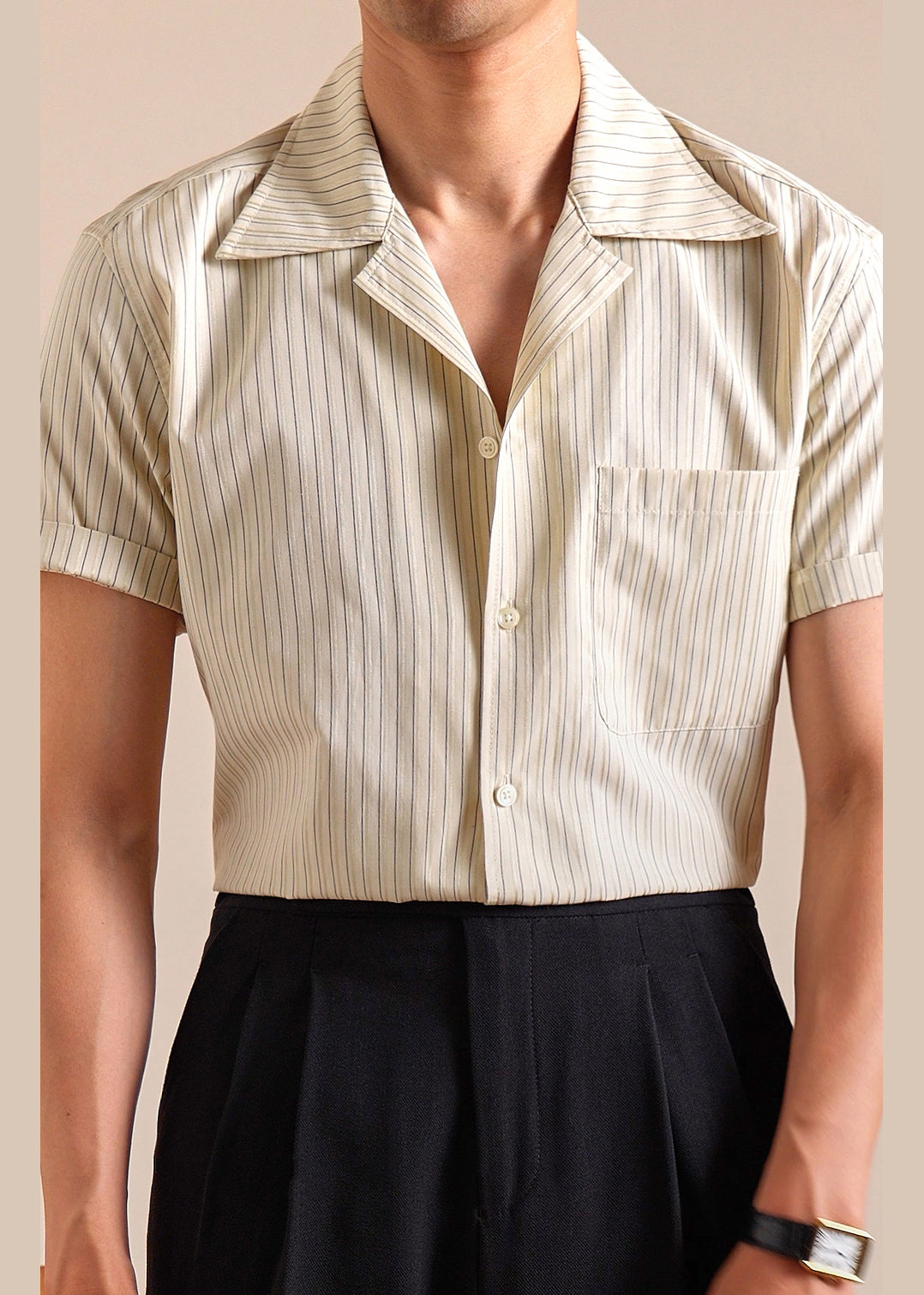 Khaki Striped Pockets Cotton Shirts Peter Pan Collar