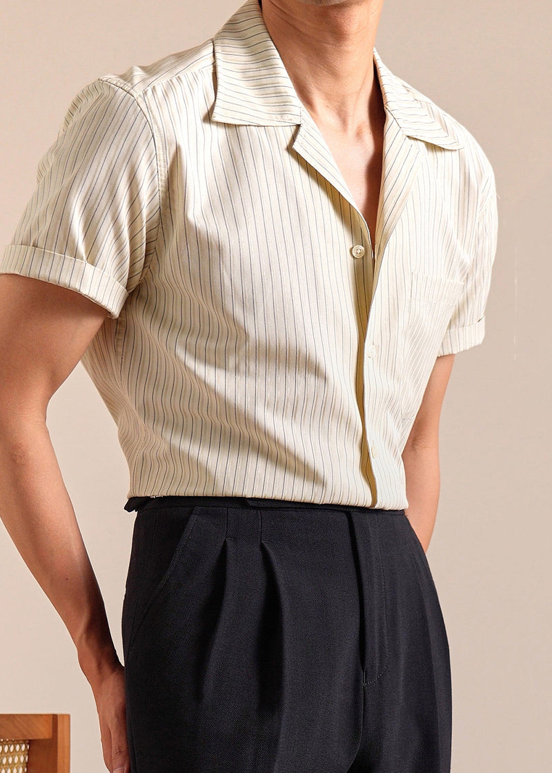 Khaki Striped Pockets Cotton Shirts Peter Pan Collar