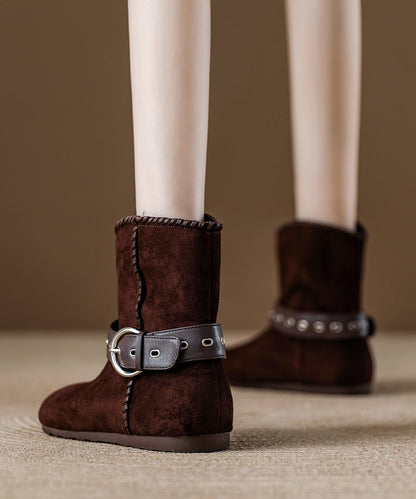 Khaki Suede Buckle Strap Splicing Boots