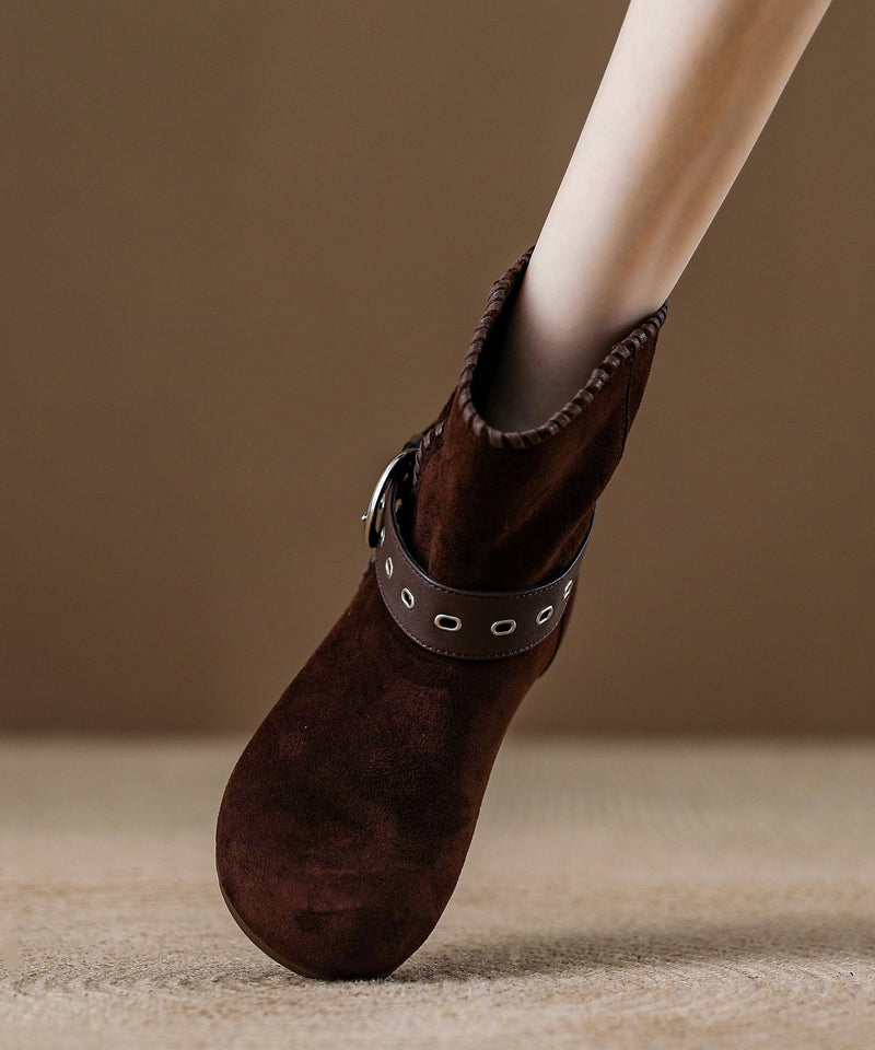 Khaki Suede Buckle Strap Splicing Boots