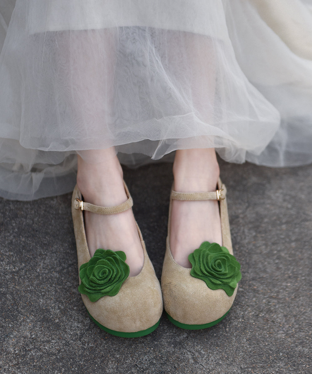 Khaki Suede Flat Shoes for Splicing Buckle Strap