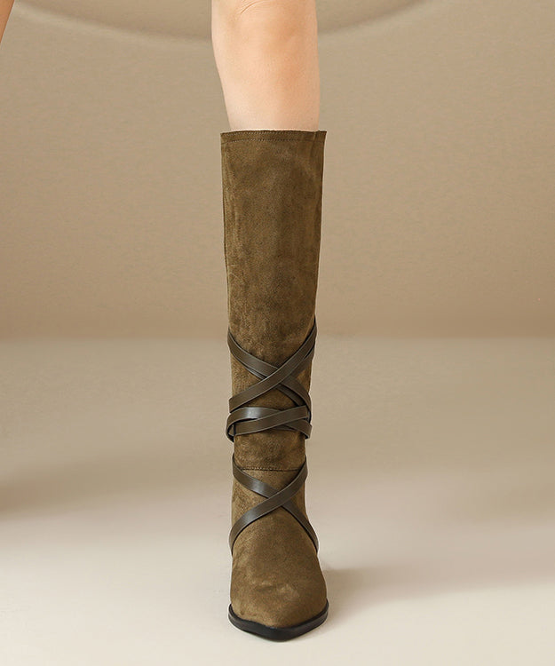 Khaki Suede Splicing Boots Lace Up Pointed Toe