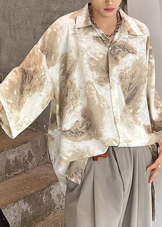 Khaki Tie Dye Ice Silk Shirts Peter Pan Collar Summer