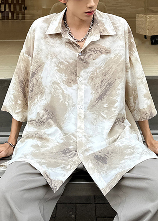 Khaki Tie Dye Ice Silk Shirts Peter Pan Collar Summer