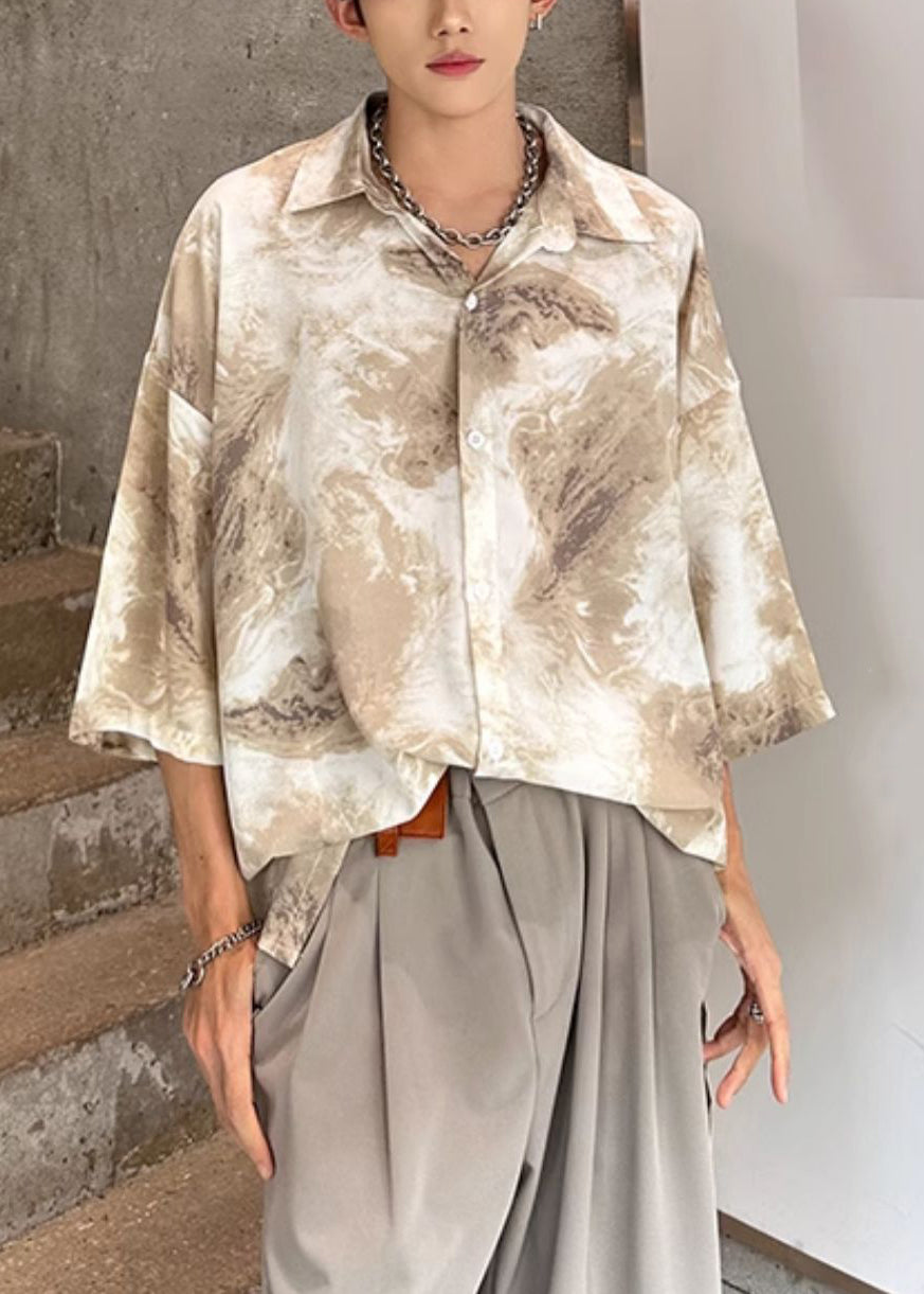Khaki Tie Dye Ice Silk Shirts Peter Pan Collar Summer