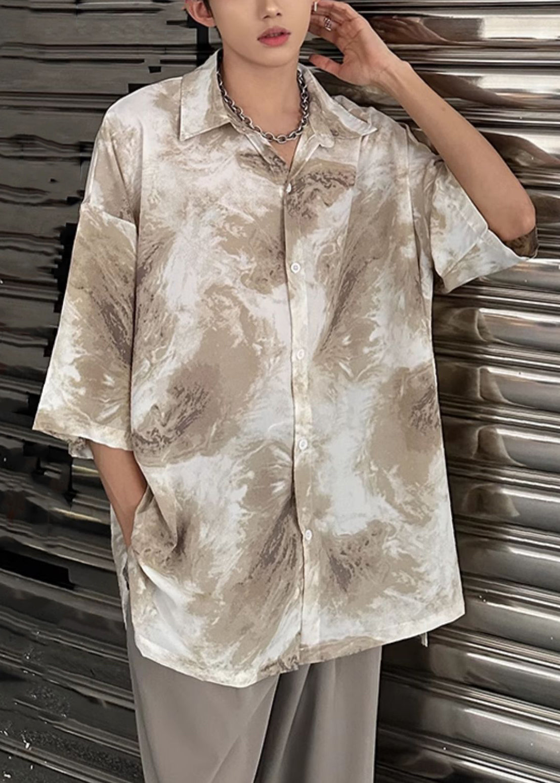 Khaki Tie Dye Ice Silk Shirts Peter Pan Collar Summer