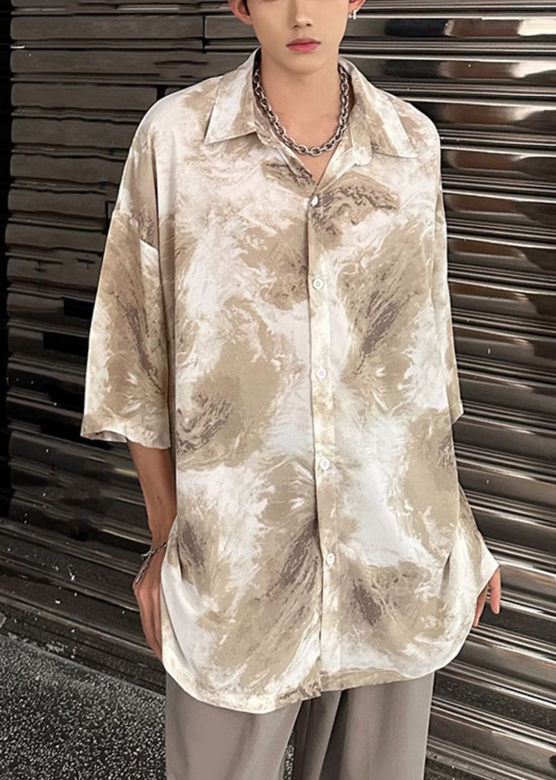 Khaki Tie Dye Ice Silk Shirts Peter Pan Collar Summer