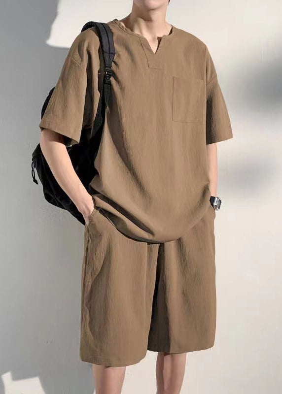 Khaki V Neck T Shirt and Shorts Two Pieces Set Short Sleeve
