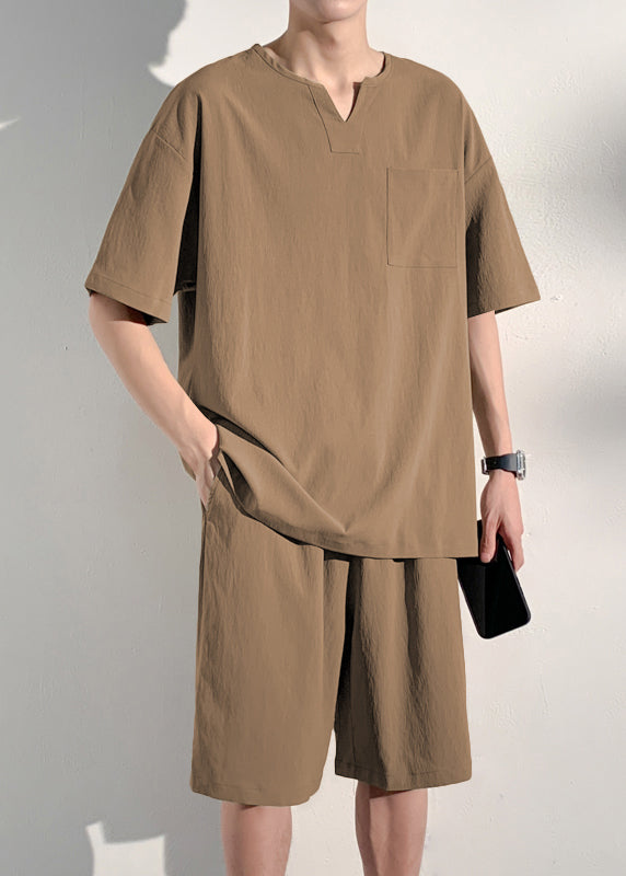 Khaki V Neck T Shirt and Shorts Two Pieces Set Short Sleeve