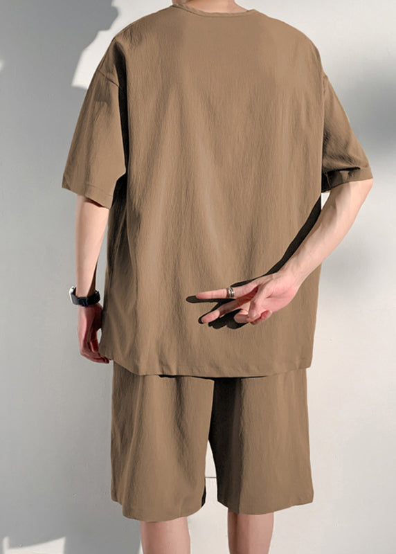 Khaki V Neck T Shirt and Shorts Two Pieces Set Short Sleeve