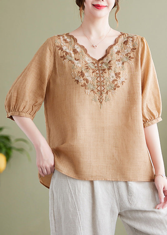 Khaki V Neck Cotton T Shirt Half Sleeve