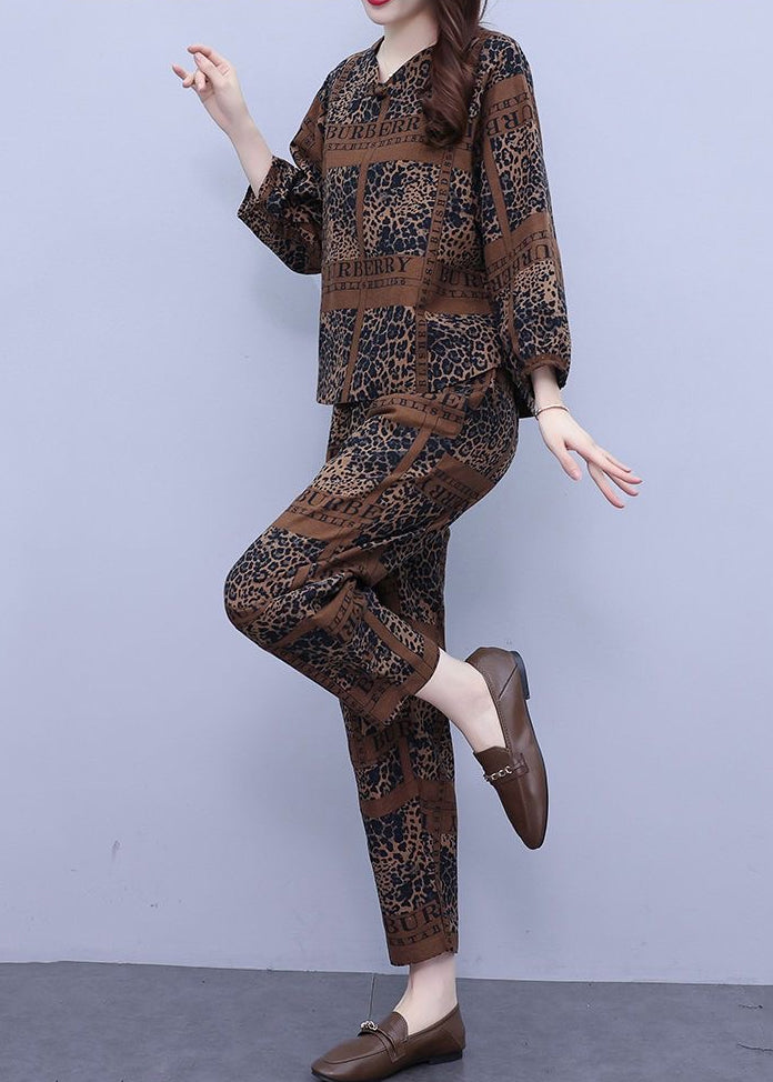 Khaki V Neck Top and Crop Pants Two Pieces Set Long Sleeve
