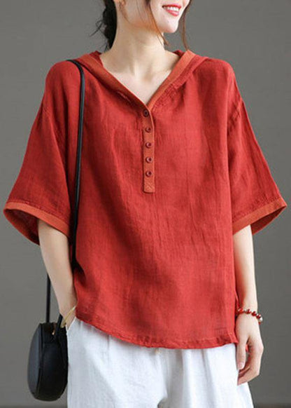Khaki Hooded Patchwork Summer Linen Blouses
