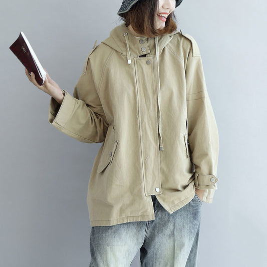 Khaki Oversized Trench Coats Short Hoodies Wind Breaker Outwear