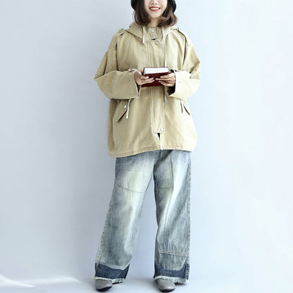 Khaki Oversized Trench Coats Short Hoodies Wind Breaker Outwear