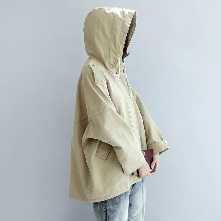 Khaki Oversized Trench Coats Short Hoodies Wind Breaker Outwear
