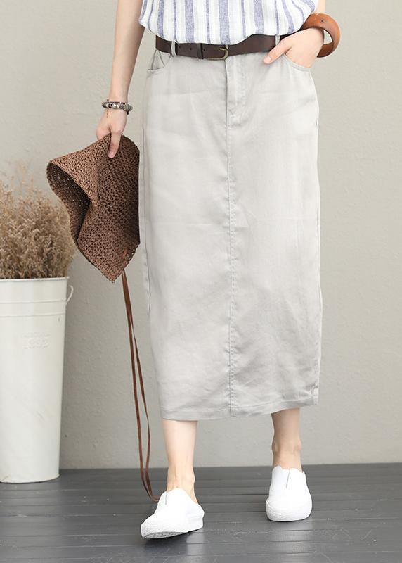 Khaki Ramie Mid-length Skirt With Elastic Waist