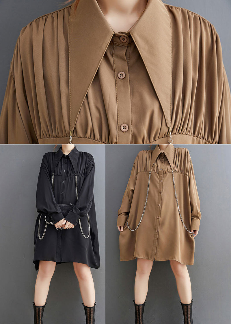 Khaki Wrinkled Button Holiday Shirt Dress Long Sleeve