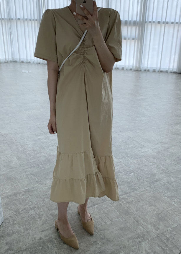 Khaki Wrinkled Cotton Vacation Dresses Puff Sleeve