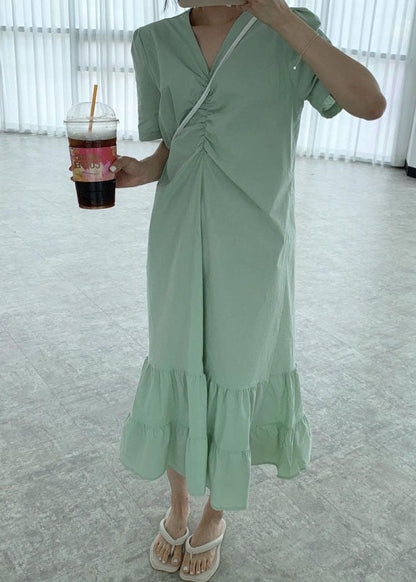 Khaki Wrinkled Cotton Vacation Dresses Puff Sleeve