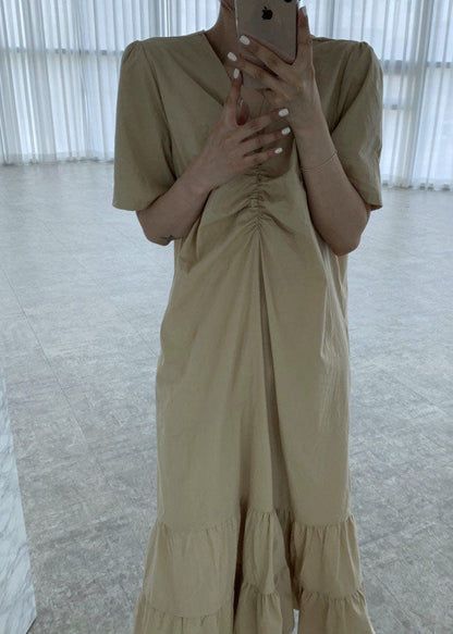 Khaki Wrinkled Cotton Vacation Dresses Puff Sleeve