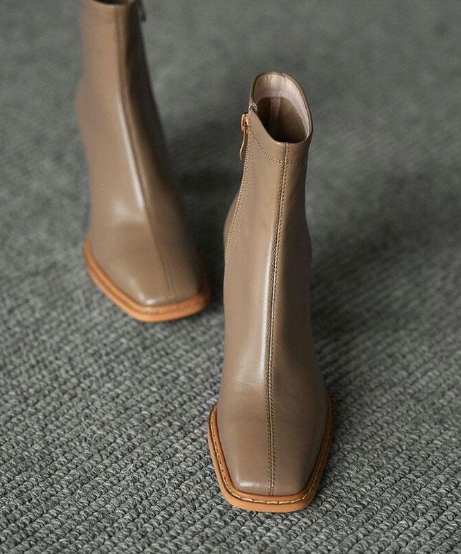Khaki Zippered Faux Leather Boots High Heels