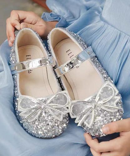 Kids Buckle Strap Princess Flat Shoes for Silver Faux Leather Zircon