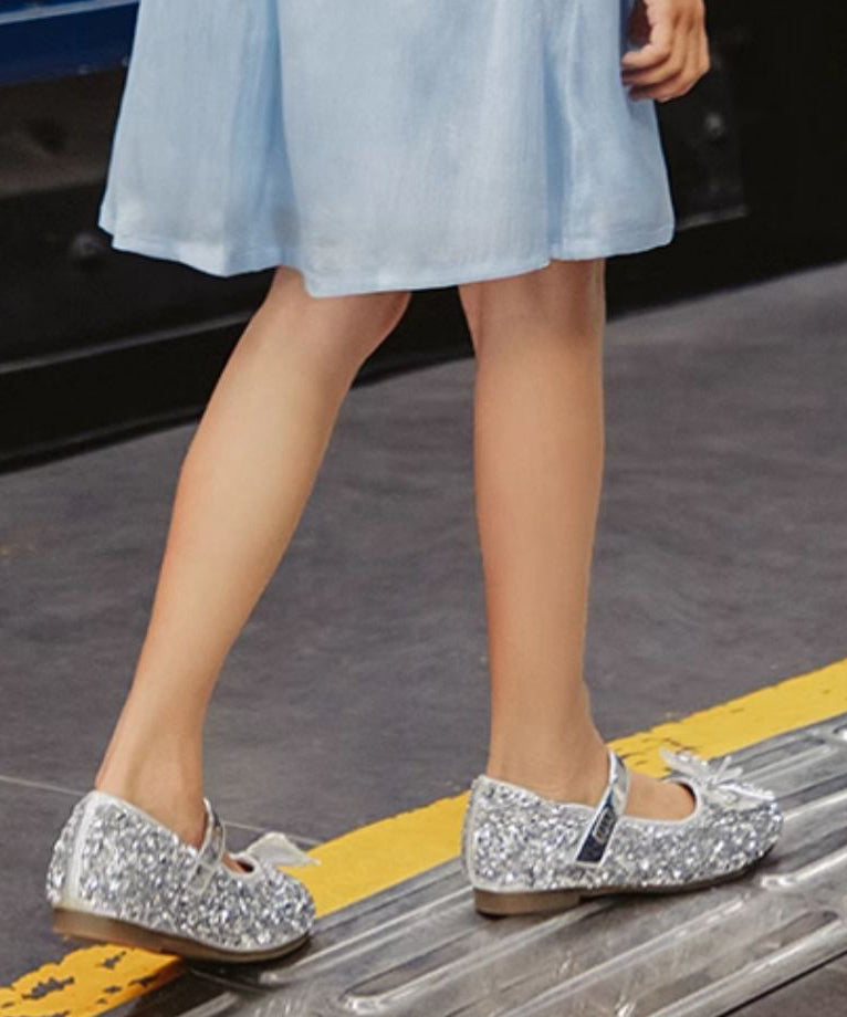 Kids Buckle Strap Princess Flat Shoes for Silver Faux Leather Zircon