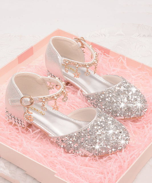 Kids Faux Leather Princess Flats Buckle Strap Silver Zircon
