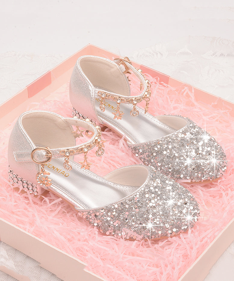 Kids Faux Leather Princess Flats Buckle Strap Silver Zircon