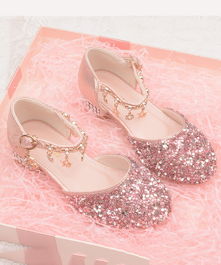 Kids Faux Leather Princess Flats Buckle Strap Silver Zircon