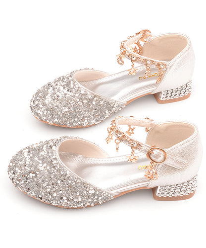 Kids Faux Leather Princess Flats Buckle Strap Silver Zircon