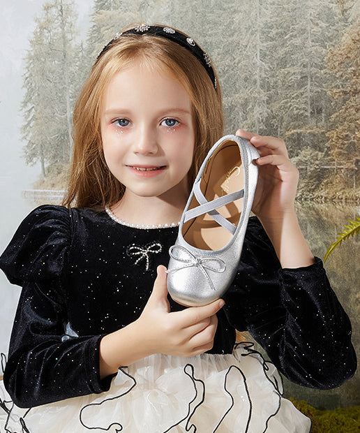 Kids Silver Bow Cross Strap Princess Flat Shoes